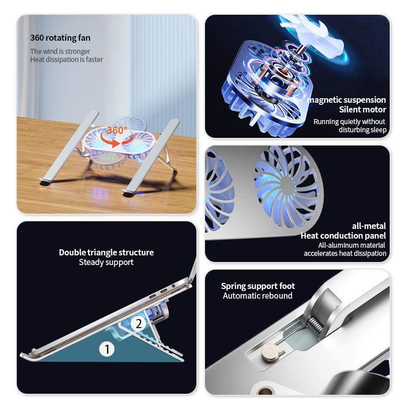 Aluminum Alloy Laptop Cooling Stand - Double Fans, Height Adjustable & Portable