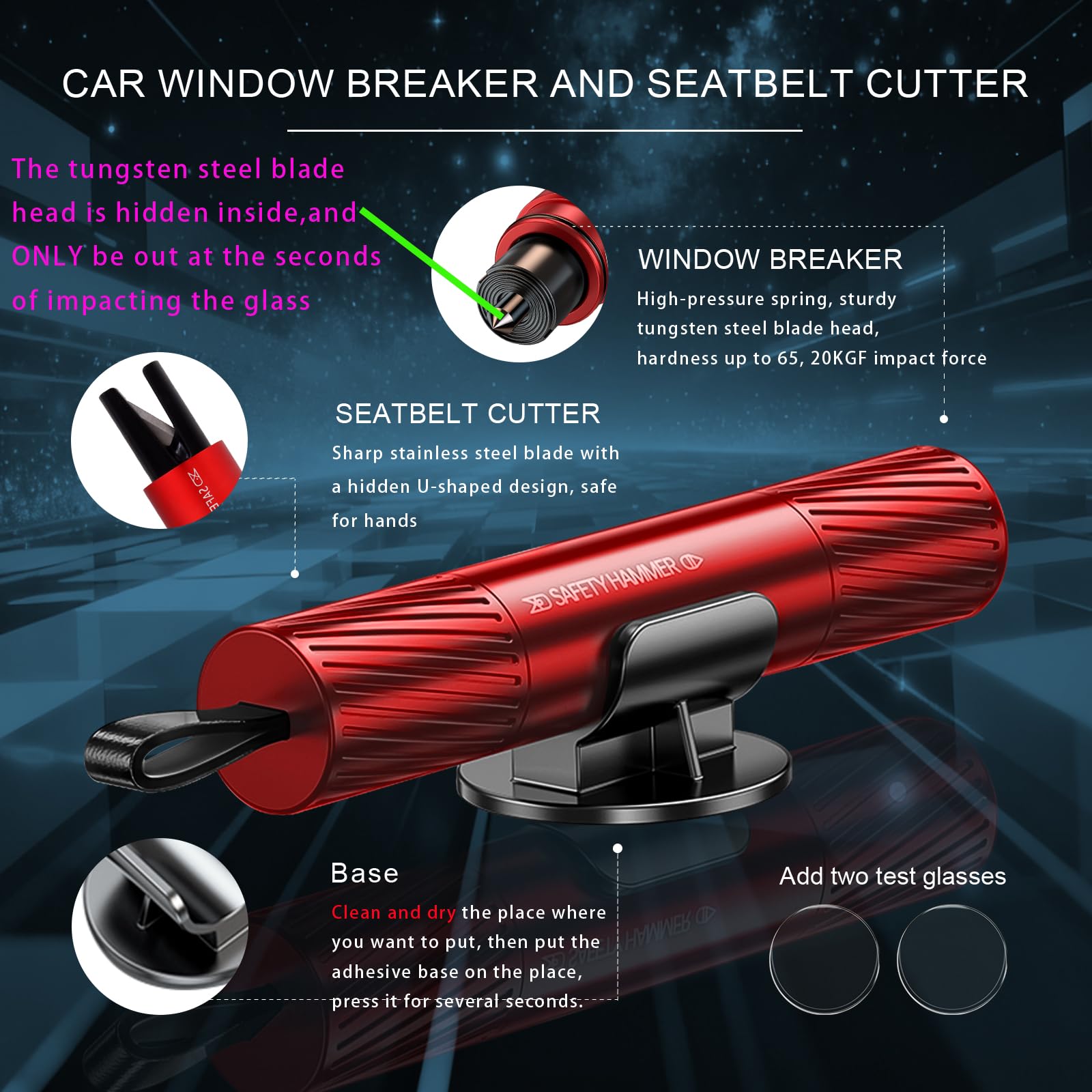 2 Pack 2026 Upgraded Safety Hammer | Underwater Glass Breaker, Seatbelt Cutter, Emergency Escape Tool for Cars + Free Test Glass Gift