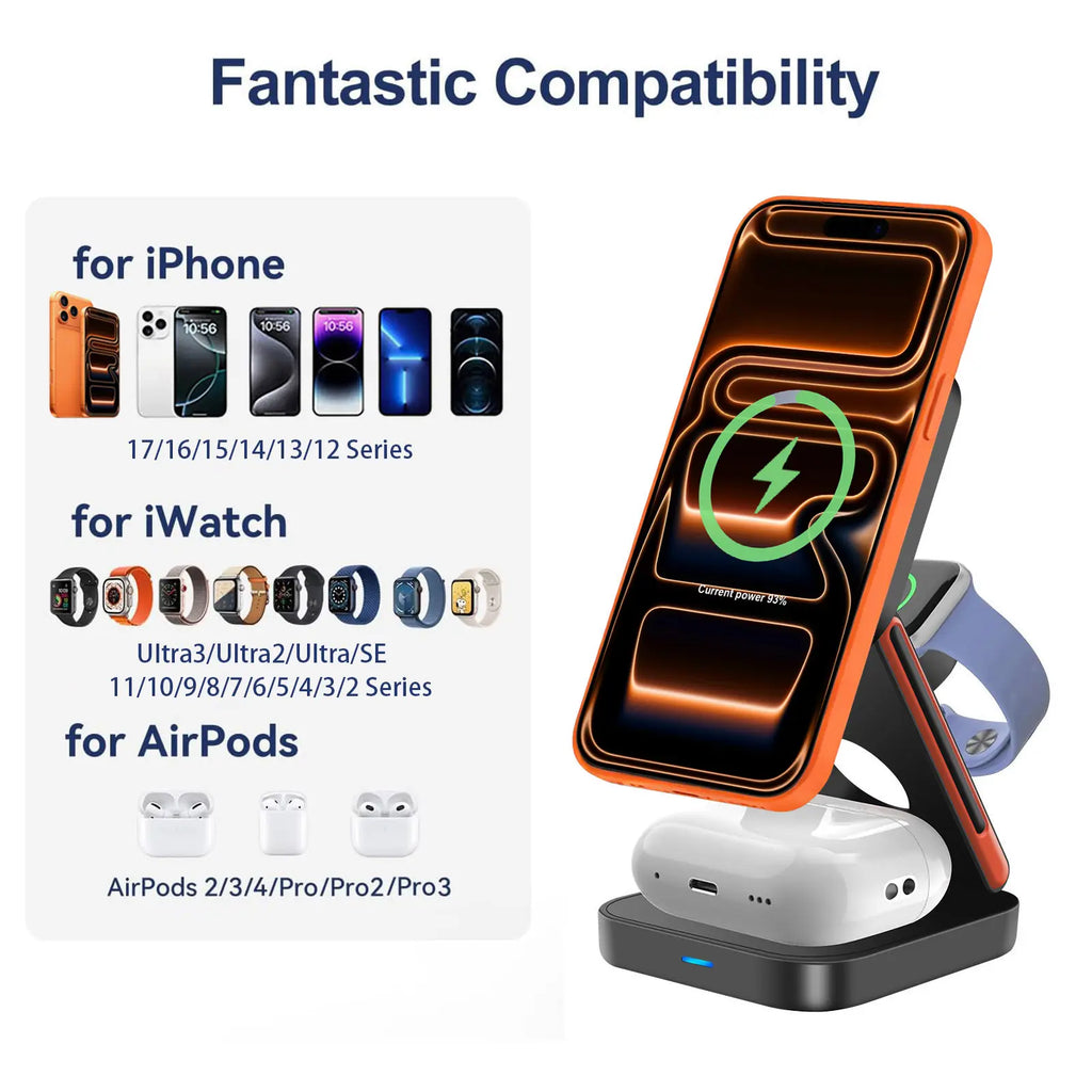 3 In 1 Magnetic Wireless Charger Stand 15W Fast Charging Dock | For iPhone 17/16/15-12, Apple Watch Ultra/11-2, AirPods Pro 4-2