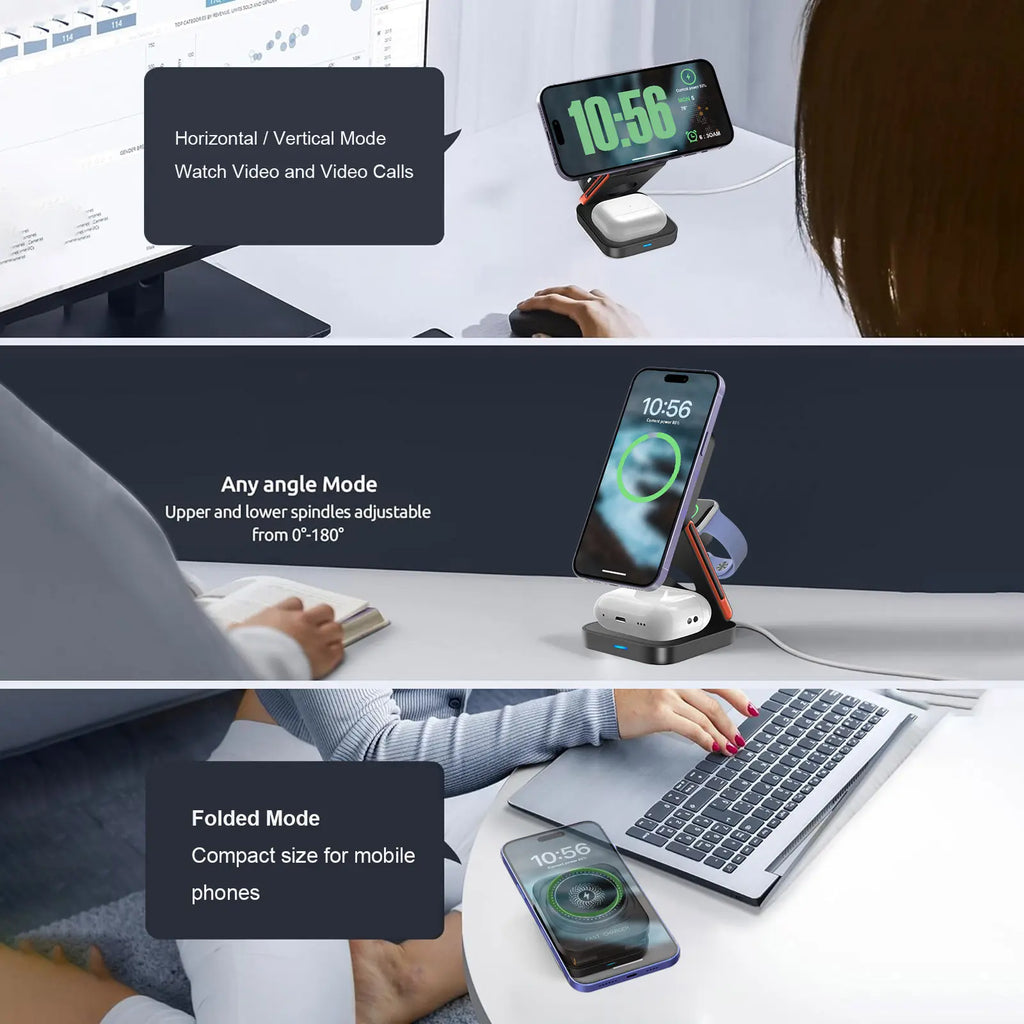 3 In 1 Magnetic Wireless Charger Stand 15W Fast Charging Dock | For iPhone 17/16/15-12, Apple Watch Ultra/11-2, AirPods Pro 4-2