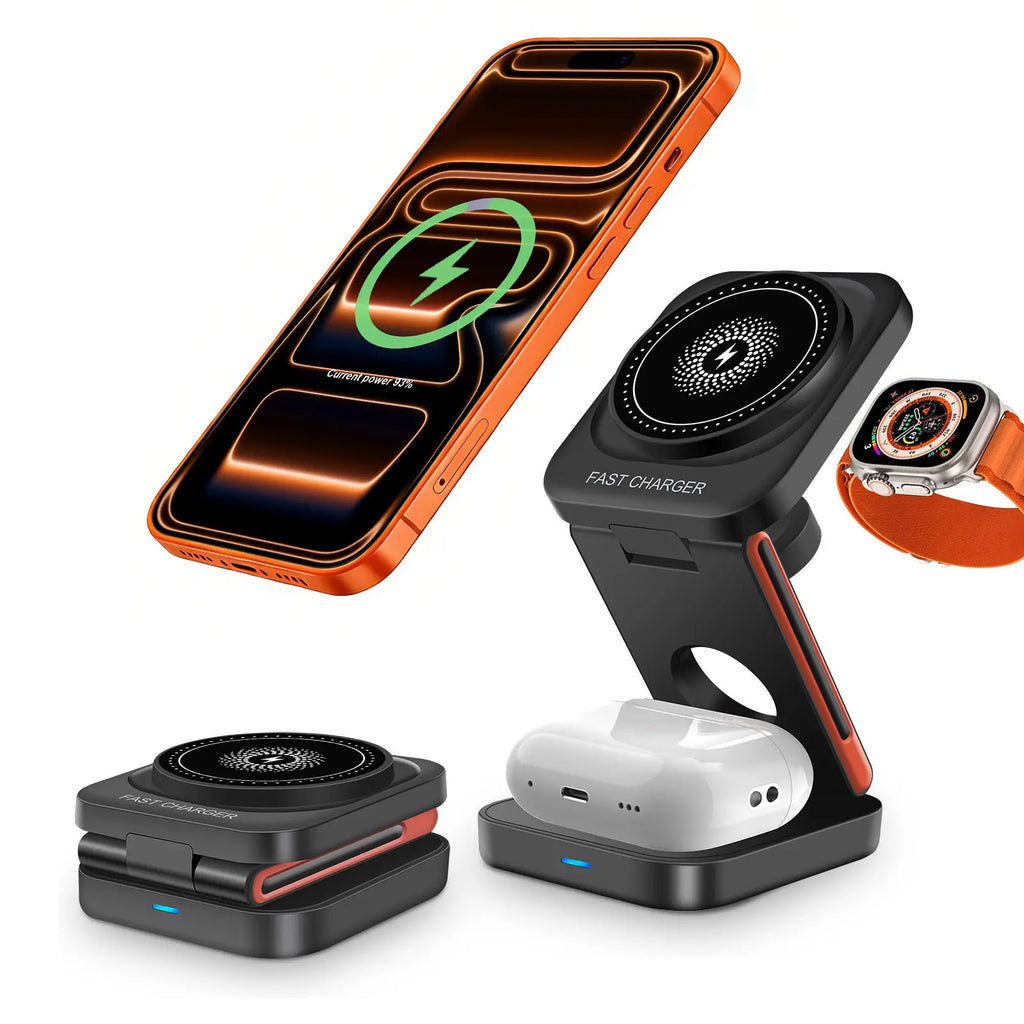 3 In 1 Magnetic Wireless Charger Stand 15W Fast Charging Dock | For iPhone 17/16/15-12, Apple Watch Ultra/11-2, AirPods Pro 4-2