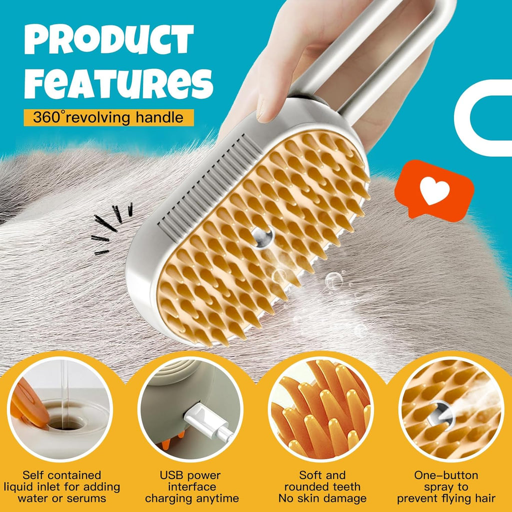 3 in 1 Pet Steam Brush | Rechargeable, Self-Cleaning, Deshedding & Massage Tool for Dogs & Cats