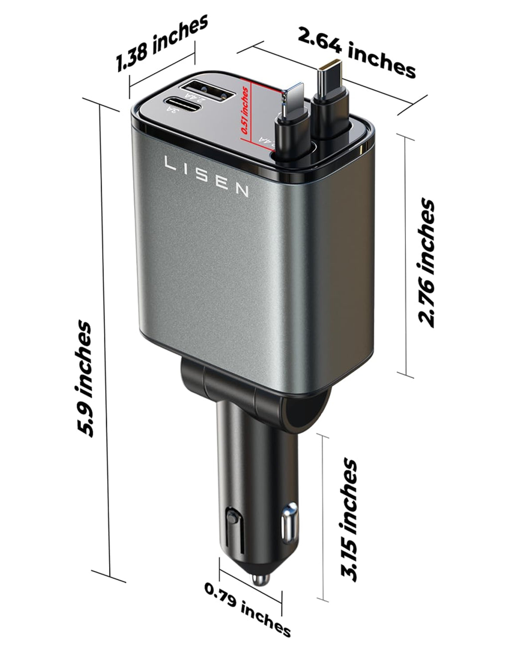 4-in-1 Expandable 120W Car Charger, 12V USB Fast Charging Socket, 180° Rotatable Plug Multi-Port Car Phone Charger Compatible with Phone, iPad & Dash Cam