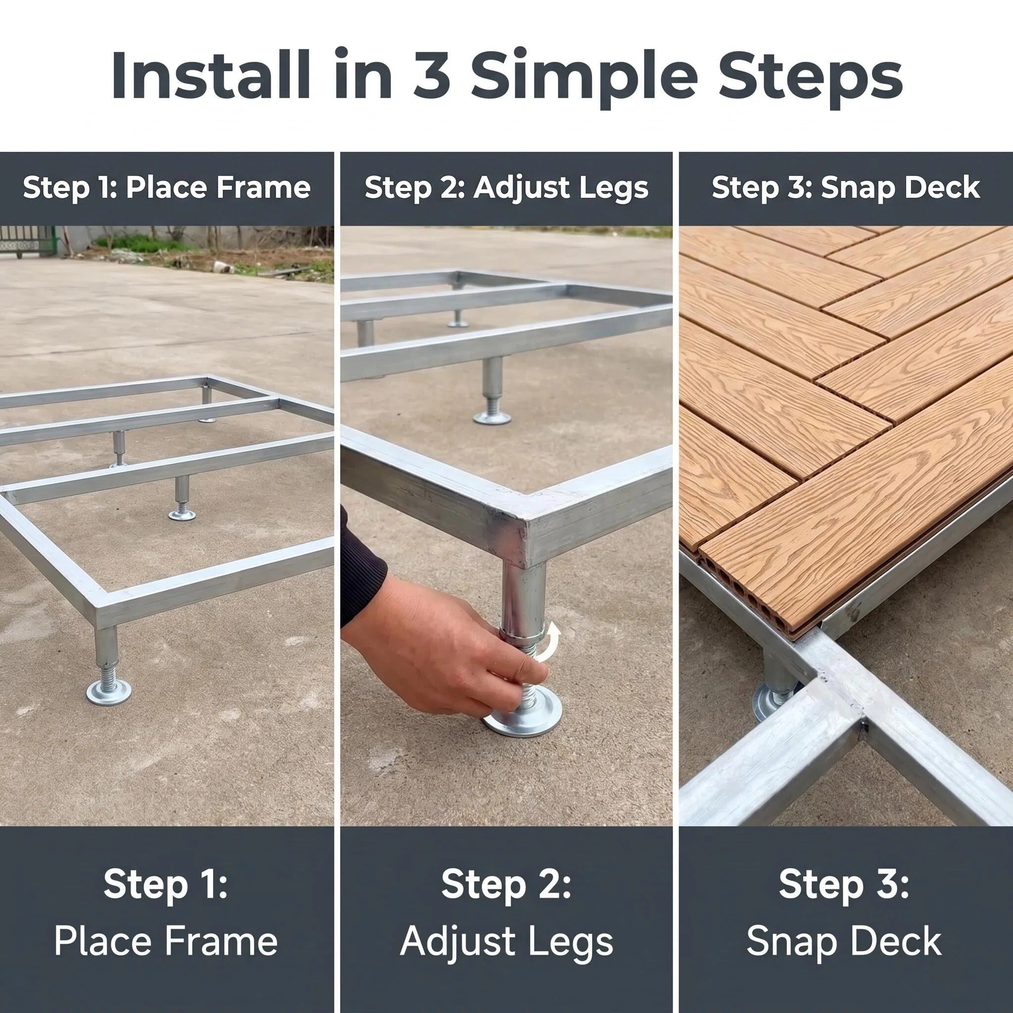 Quick-Assemble WPC Decking Kit Aluminum Adjustable Support Terrace Flooring System